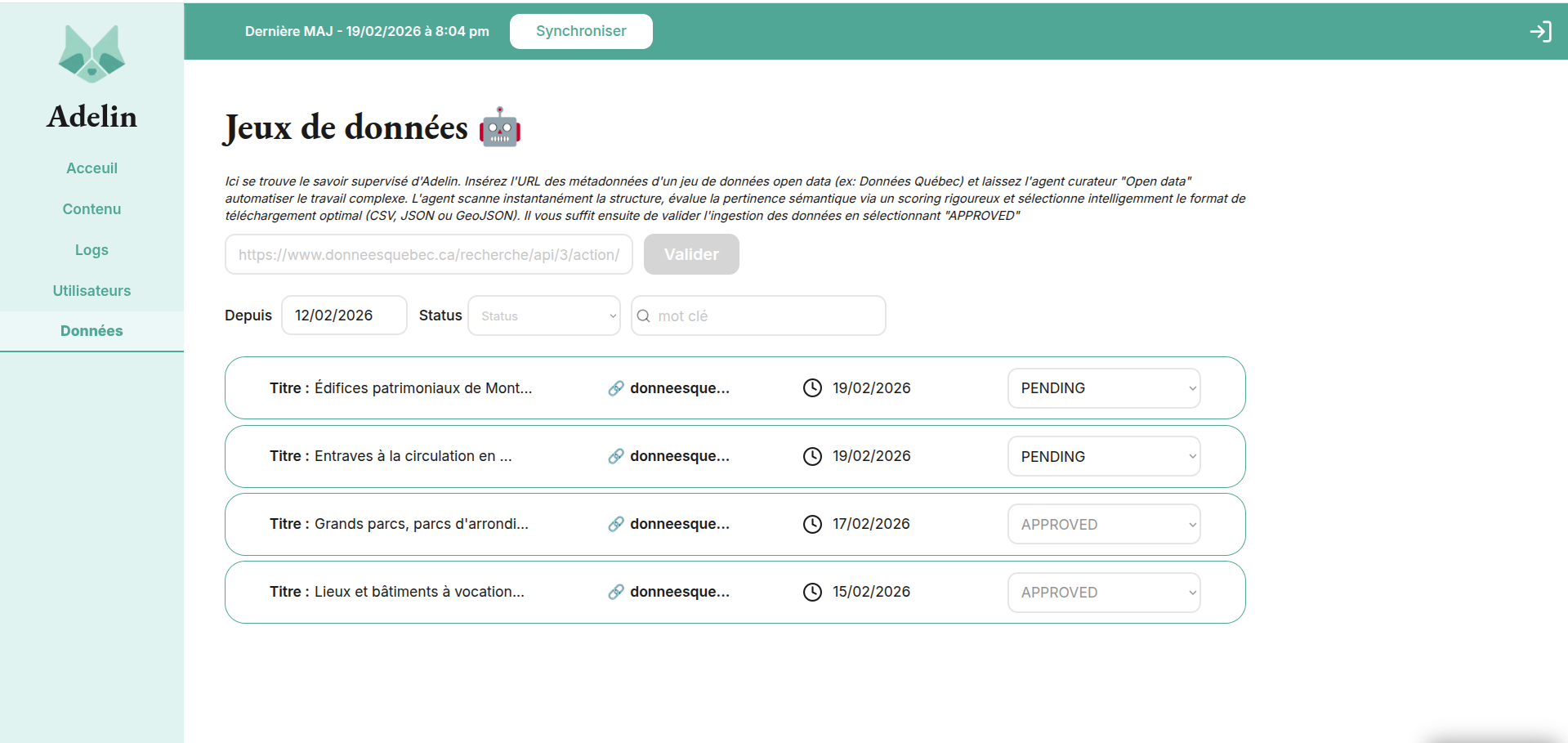 Dashboard adelin tab agent curateur